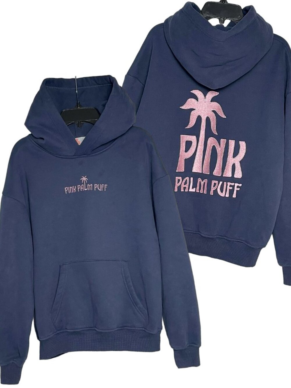 Pink Palm Puff Classic Puff Hoodie Navy XXS Pink Logo Sweatshirt